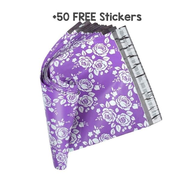 20 Polybags Purple White Floral 10 x 13  50 FREE Stickers - Picture 1 of 4